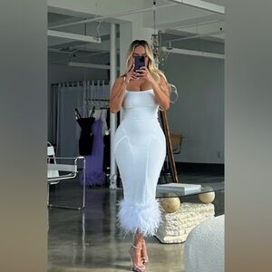 Elegant Feather-Hem Bodycon Dress in White